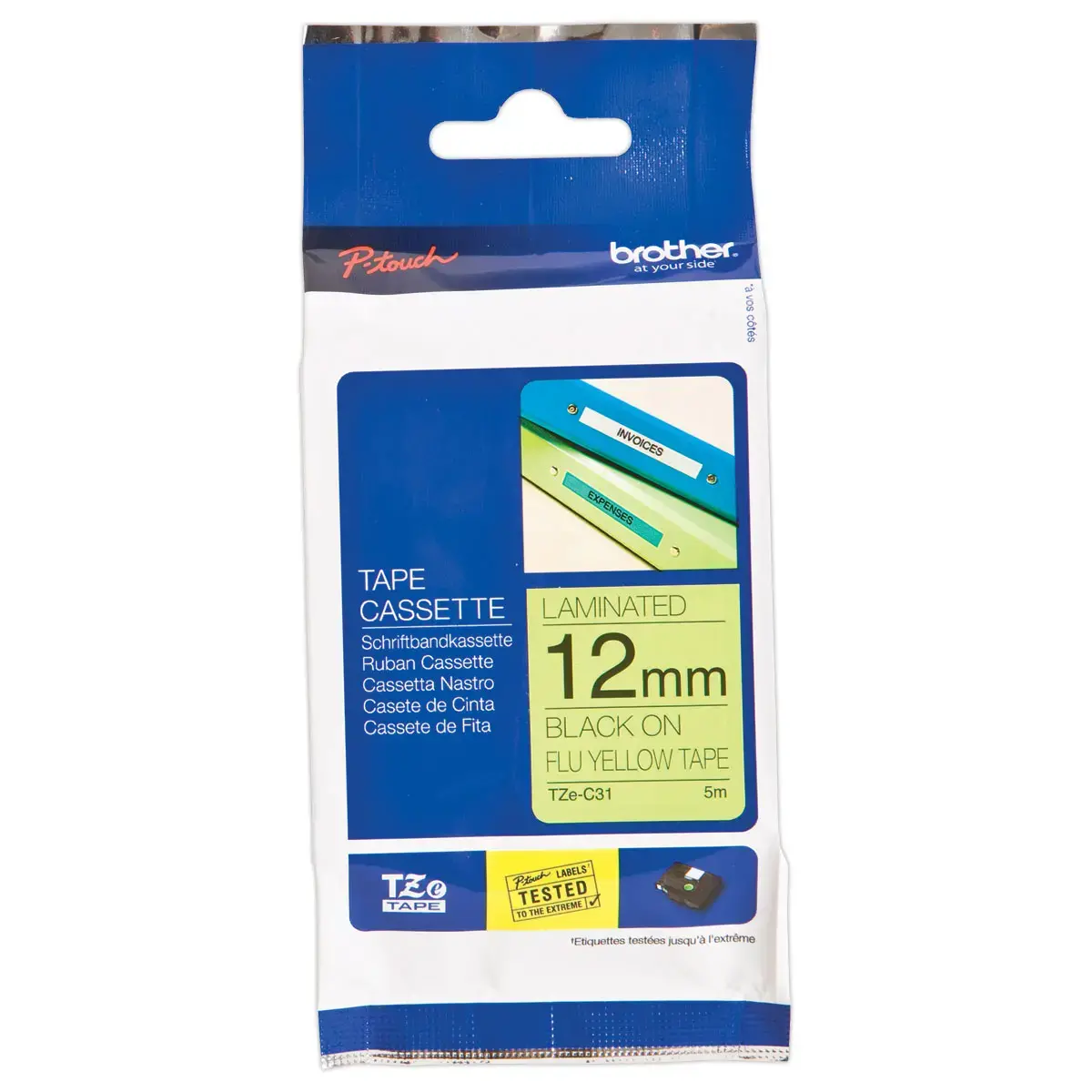 Ruban voor BROTHER TZE C31 12mm fluogeel met zwarte afdruk