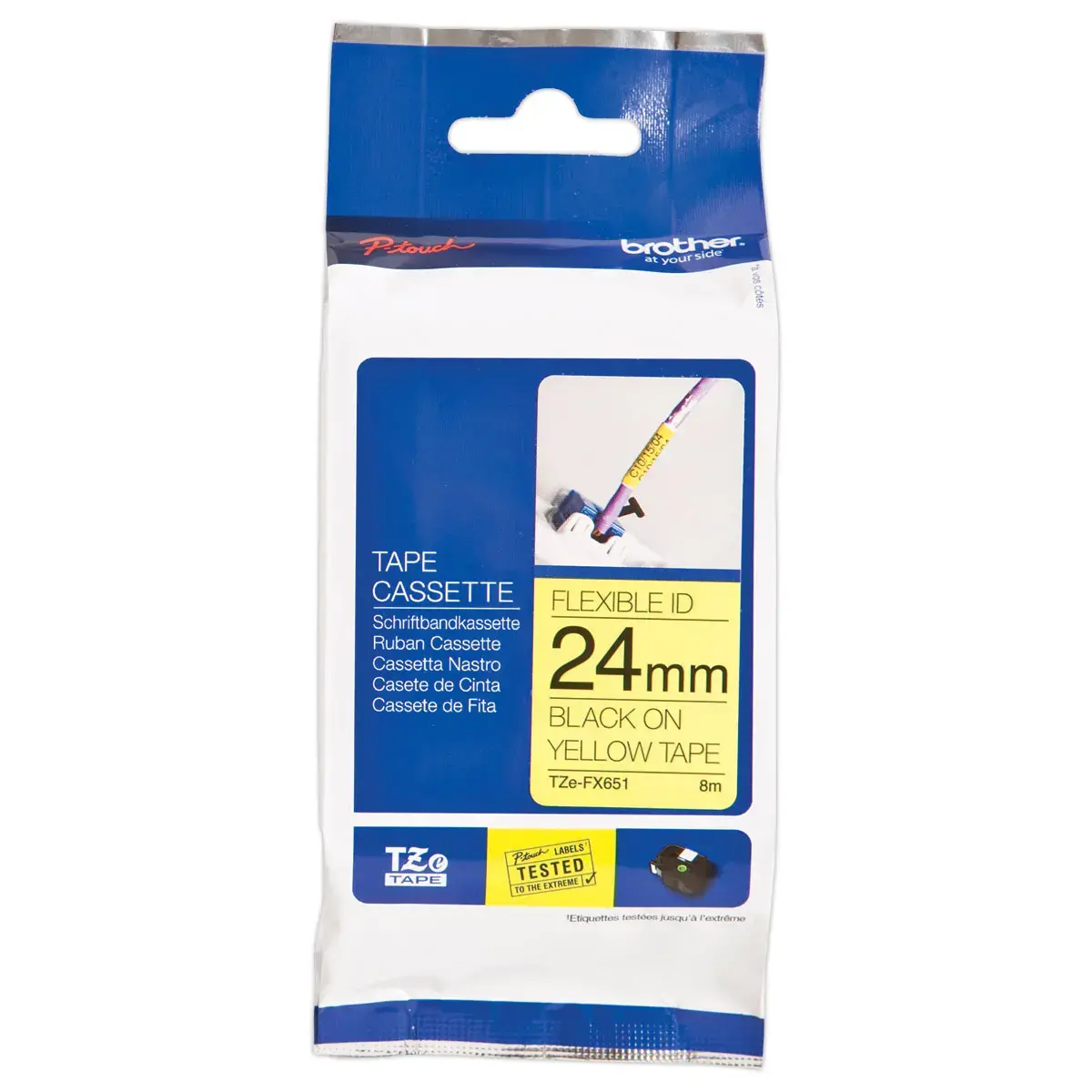 Flexibele gelamineerde tape TZe-FX651 breedte 24mm geel met zwarte afdruk 