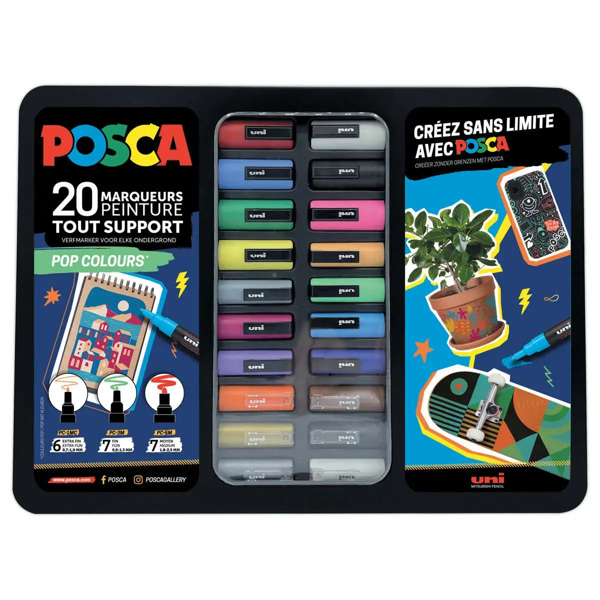 20 Verfstiften POSCA - 3 puntgroottes en kleurassortiment.