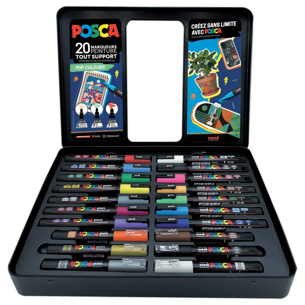 20 Verfstiften POSCA - 3 puntgroottes en kleurassortiment.