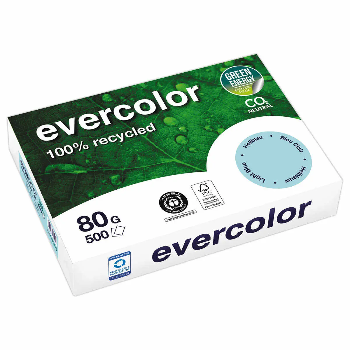 Ramette van 500 vellen gerecycled papier EVERCOLOR A4 80g 