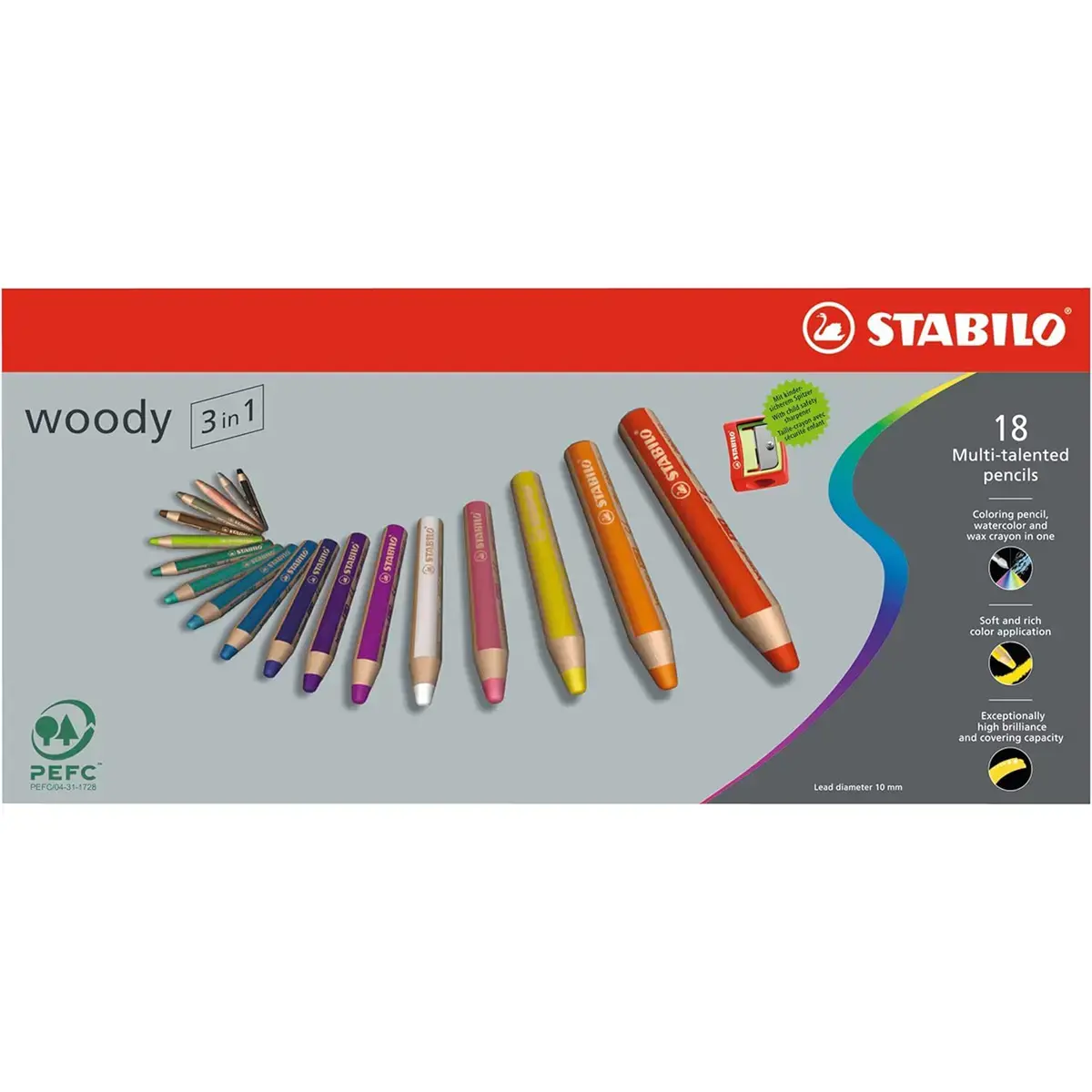 Houten potlood grote module WOODY - 10 mm grafiet - geschikt voor meerdere oppervlakken - 1 puntenslijper inbegrepen - assorti kleuren - set van 18