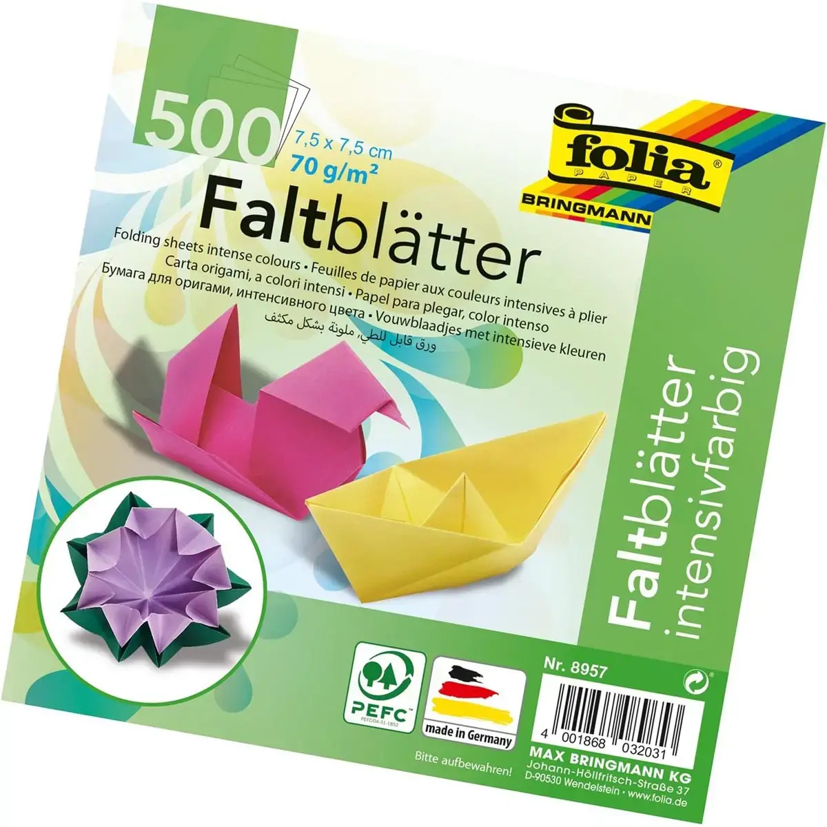 Origamipapier 7,5 x 7,5 cm Folia - 10 assorti kleuren - set van 500