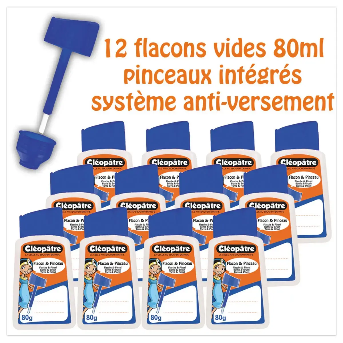 Lege Cléopâtre-fles voor vloeibare lijm 80 ml met kwastapplicator - set van 12