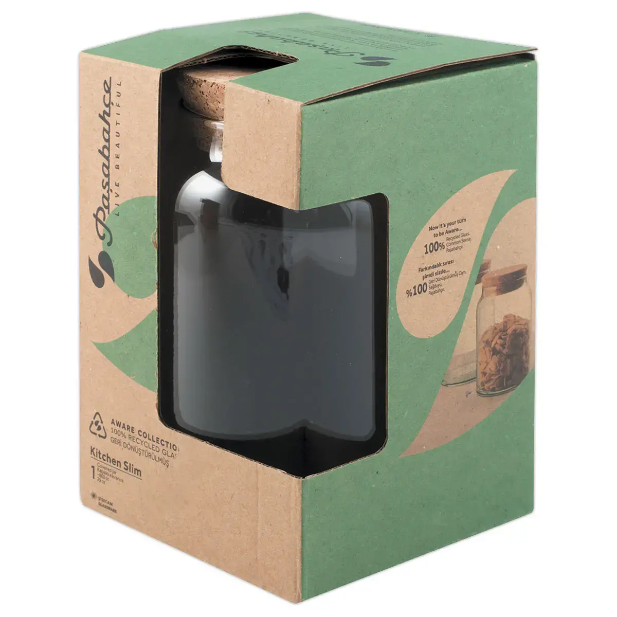 Glazen pot van gerecycled materiaal met kurken deksel 0,86L 