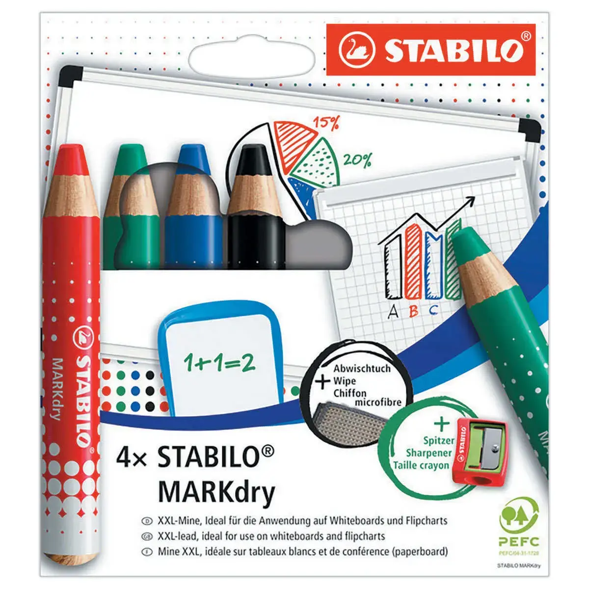 4 Markeerstiften STABILO Markdry + scherper + doekje