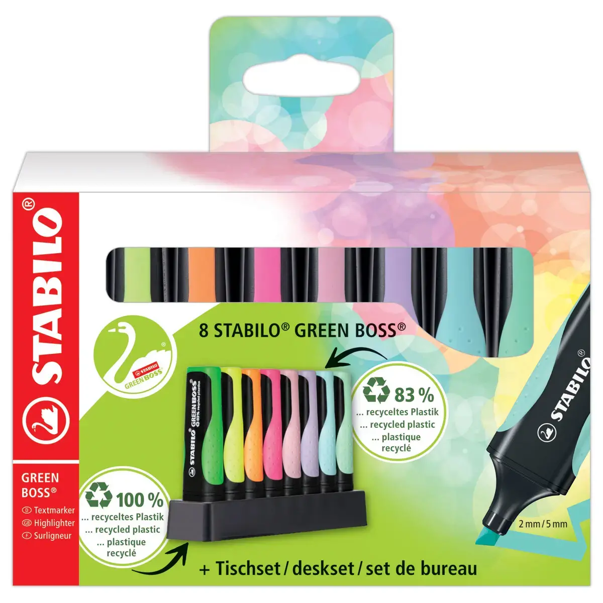 8  Markeerstiften STABILO Green Boss + bureausteun 