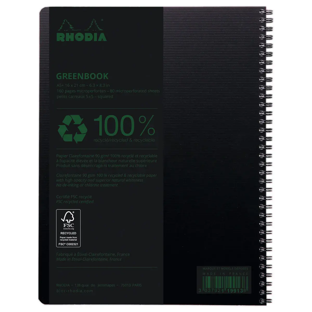 Rhodia notitieboek van gerecycled polypropyleen 160 pagina's A4+ 5x5. Zwart