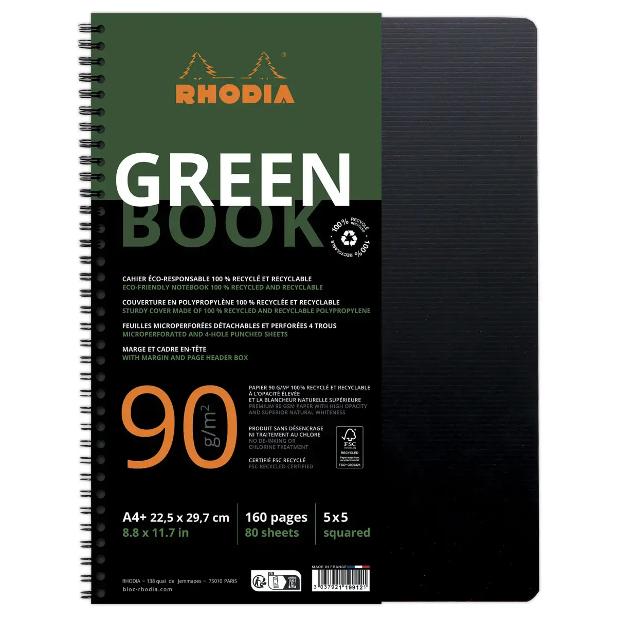 Rhodia notitieboek van gerecycled polypropyleen 160 pagina's A4+ 5x5. Zwart