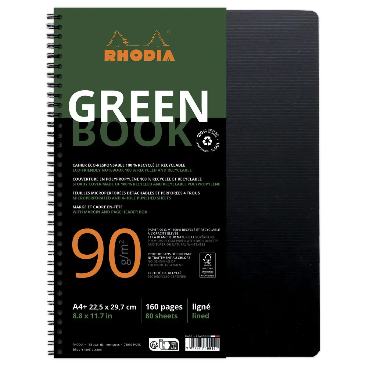 Rhodia notitieboek van gerecycled polypropyleen 160 pagina's A4+ Gelijnd. Zwart