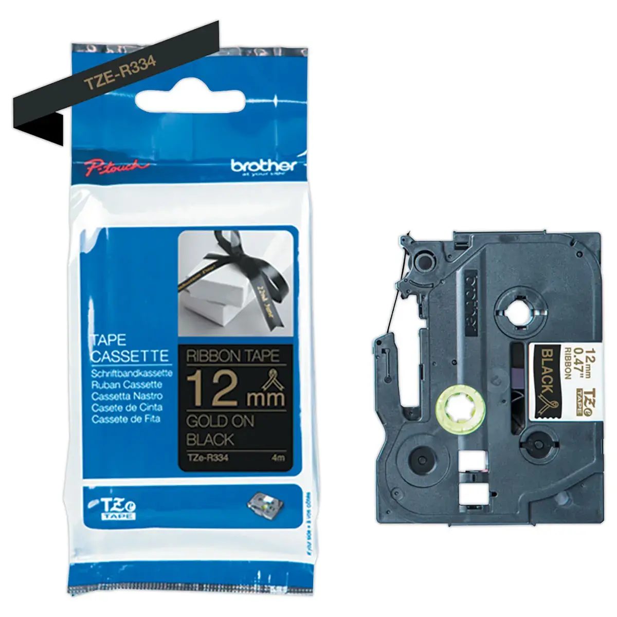 Label tape stof goud op zwart 12mm (4m)