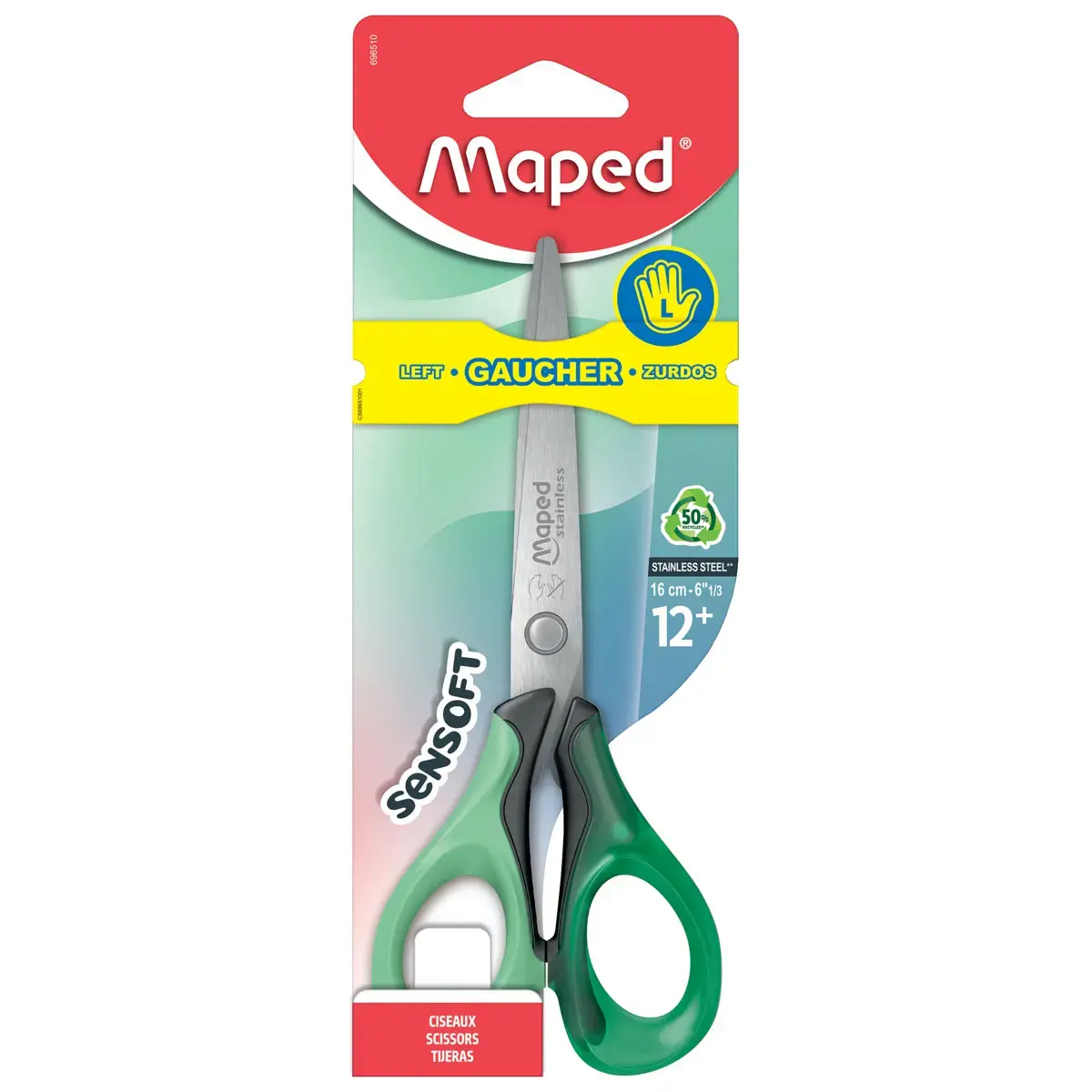 SENSOFT LINKSHANDIGE Scharen 16 cm, soepel, assorti, blister 100% karton