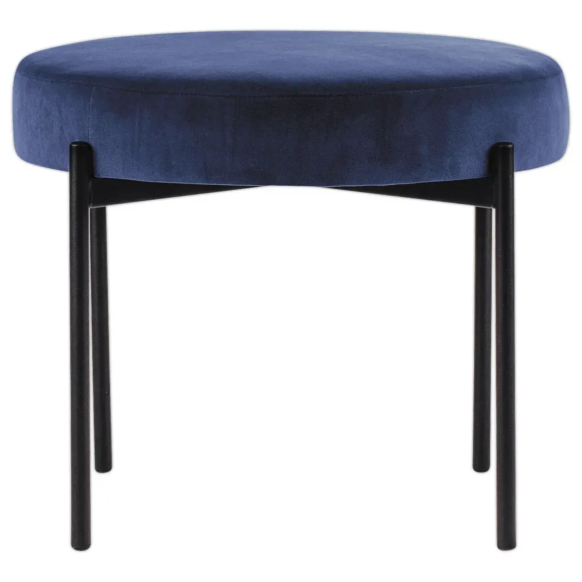Ronde Pouf GAIA D37 zwarte poten blauw fluweel gemonteerd 