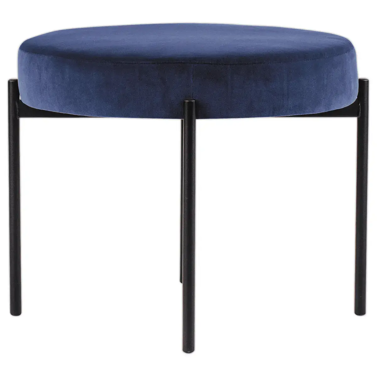 Ronde Pouf GAIA D37 zwarte poten blauw fluweel gemonteerd 