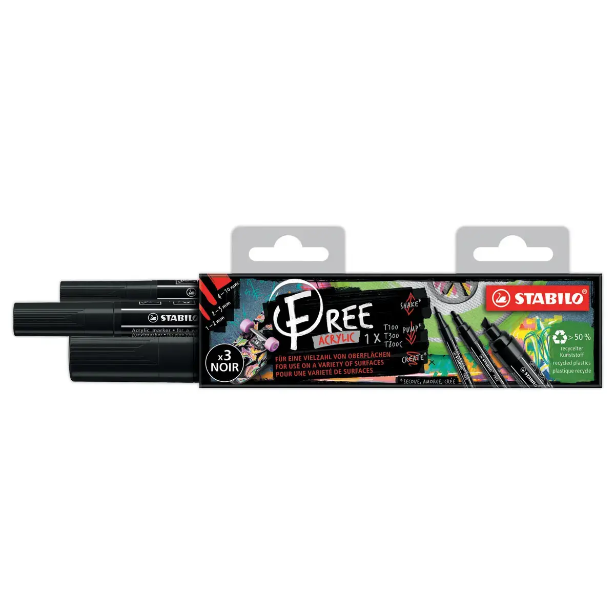3 verfmarkeerstiften STABILO FREE - zwarte acryl inkt - mix van punten