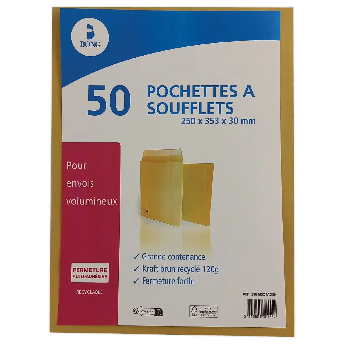 50 kraft enveloppen met zijklep 120gr 250x353mm