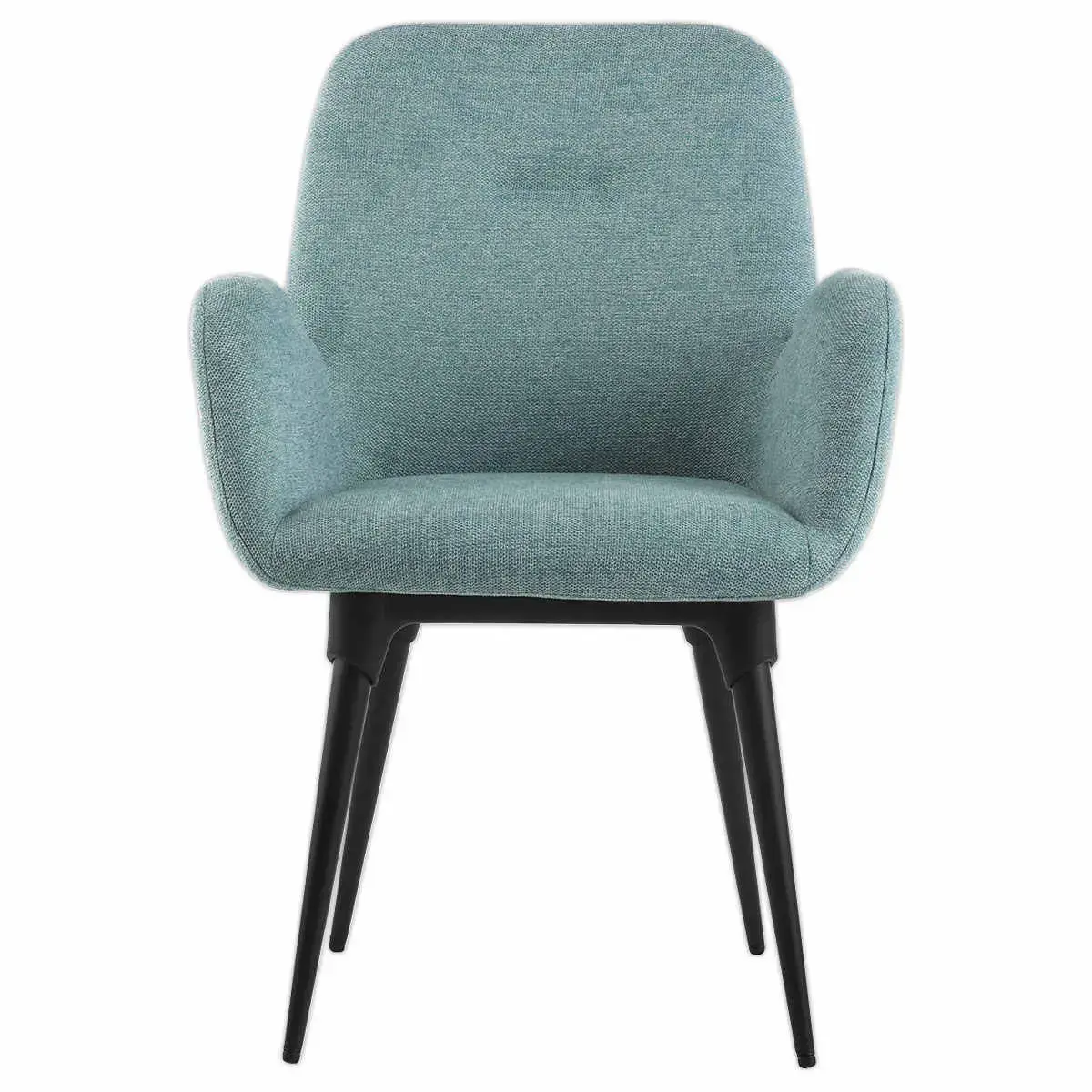 2 Lichtblauwe stoffen fauteuils met 4 gemonteerde metalen poten