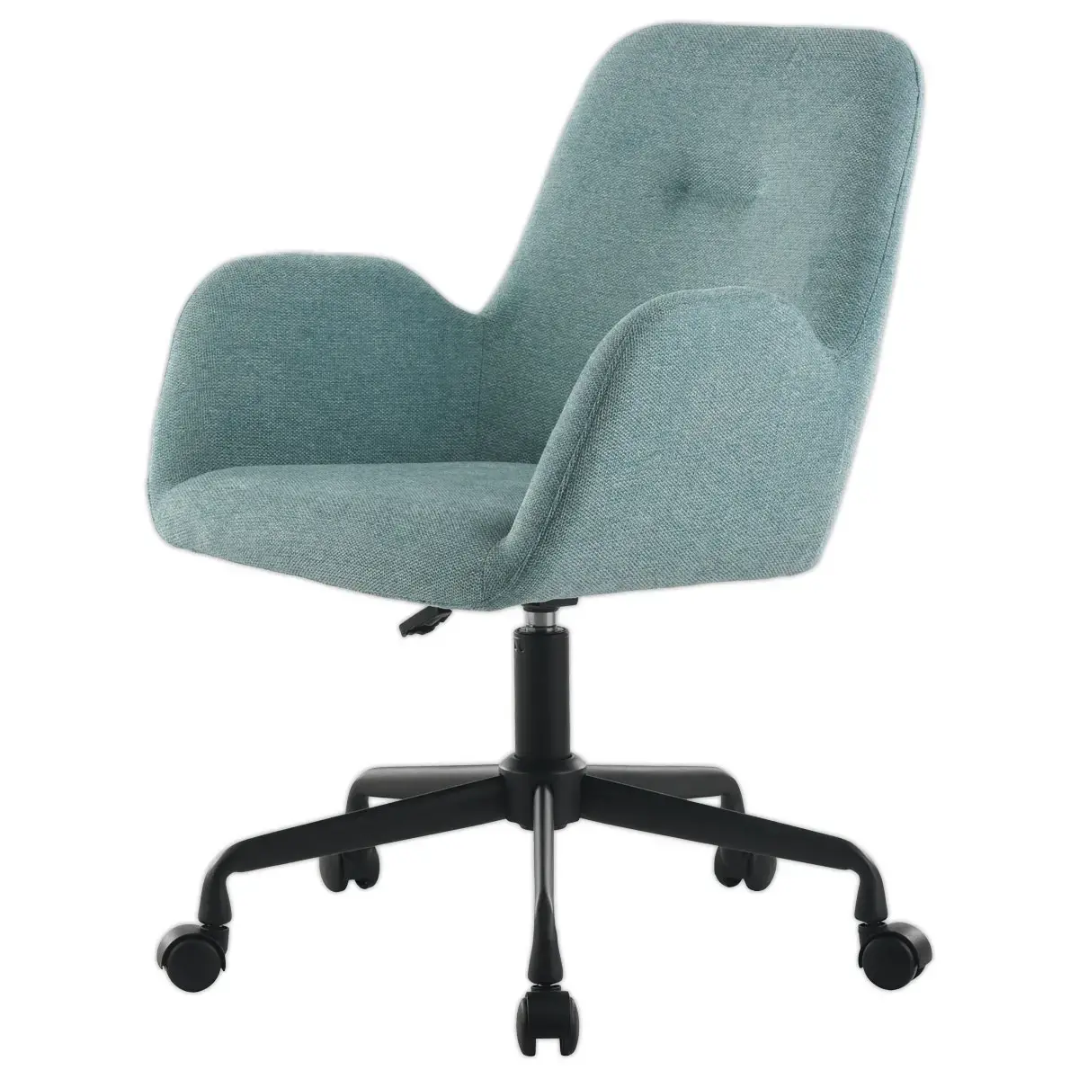 2 Stoelen Lichtblauwe stof met wielen gemonteerd