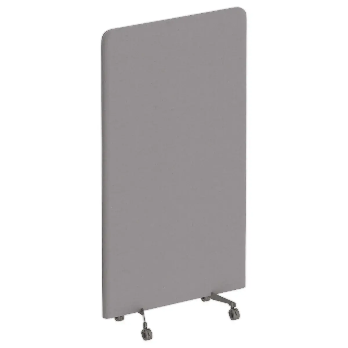 Akoestische wand grijs stof met zilveren wielen 190 x 100 cm gemonteerd