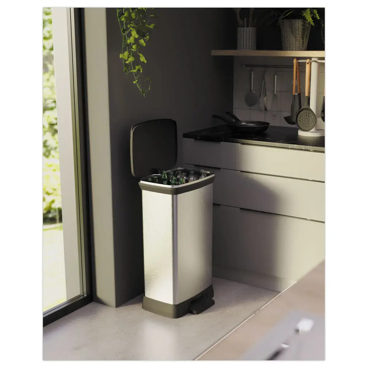Rectangulaire duo afvalemmer 23l+23l met metalen decor