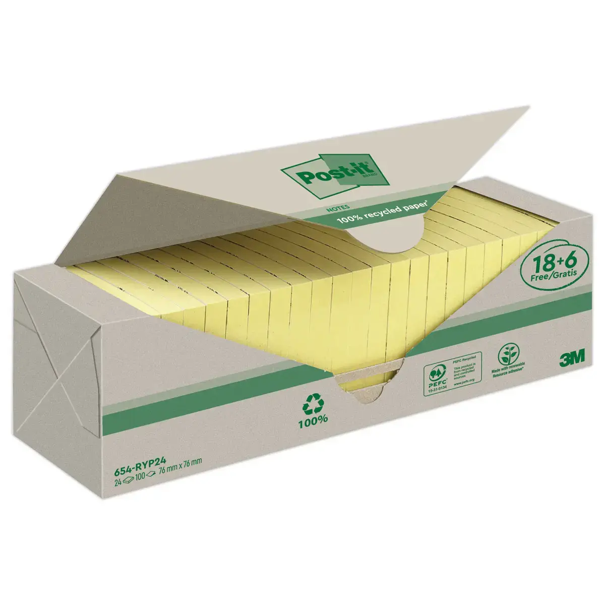 024 POST-IT® Blokken Gerecycleerde memoblaadjes 76 x 76mm - Geel - 18 Blokken + 6 Gratis