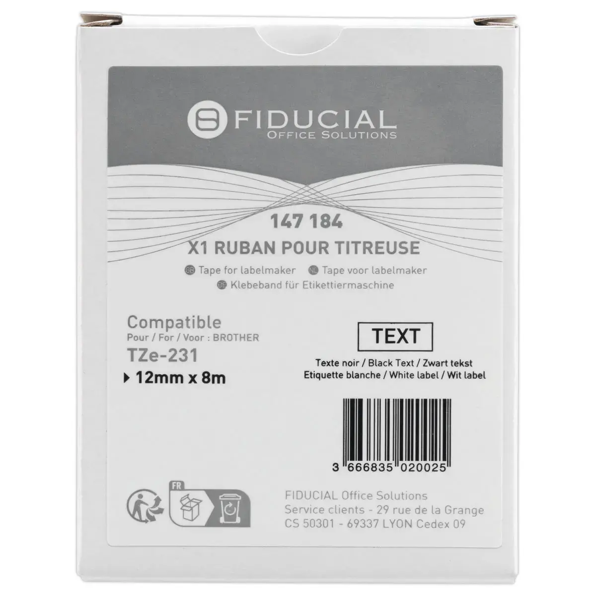 Ruban comp BROTHER TZE 231 12mm wit met zwarte opdruk