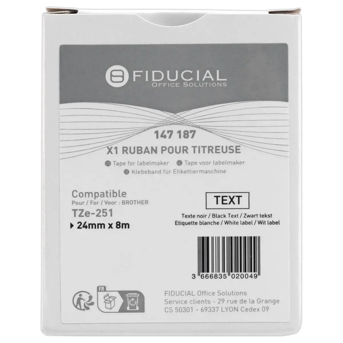 Ruban comp BROTHER TZE 251 24mm wit met zwarte afdruk