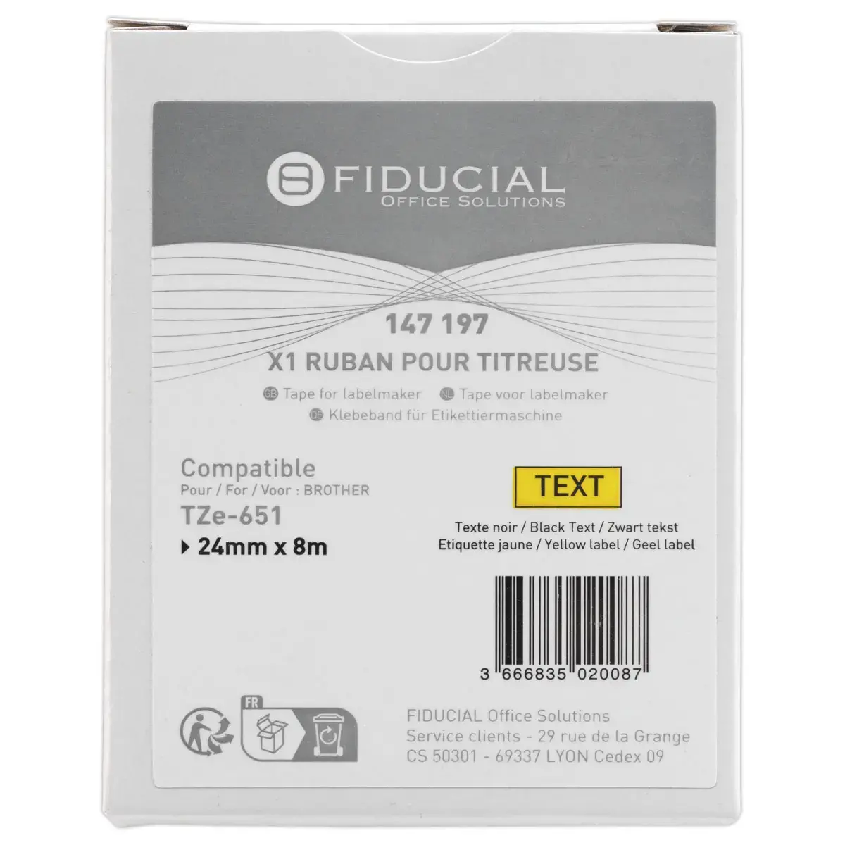 Ruban comp BROTHER TZE 651 24mm geel met zwarte afdruk 