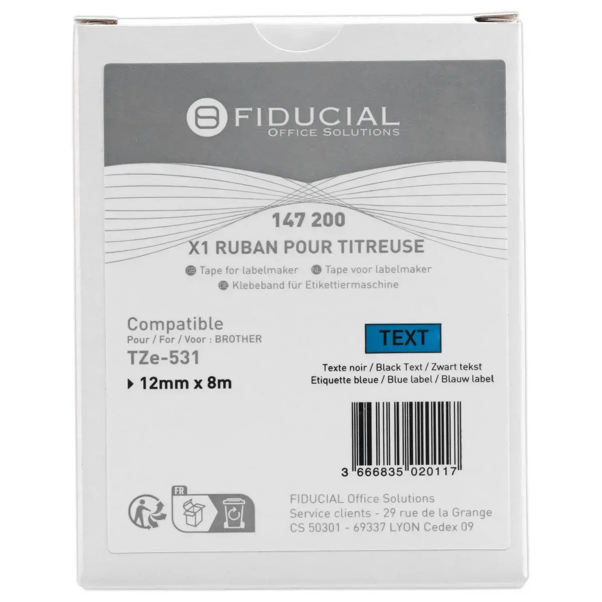 Ruban comp BROTHER TZE 531 12mm blauw met zwarte afdruk
