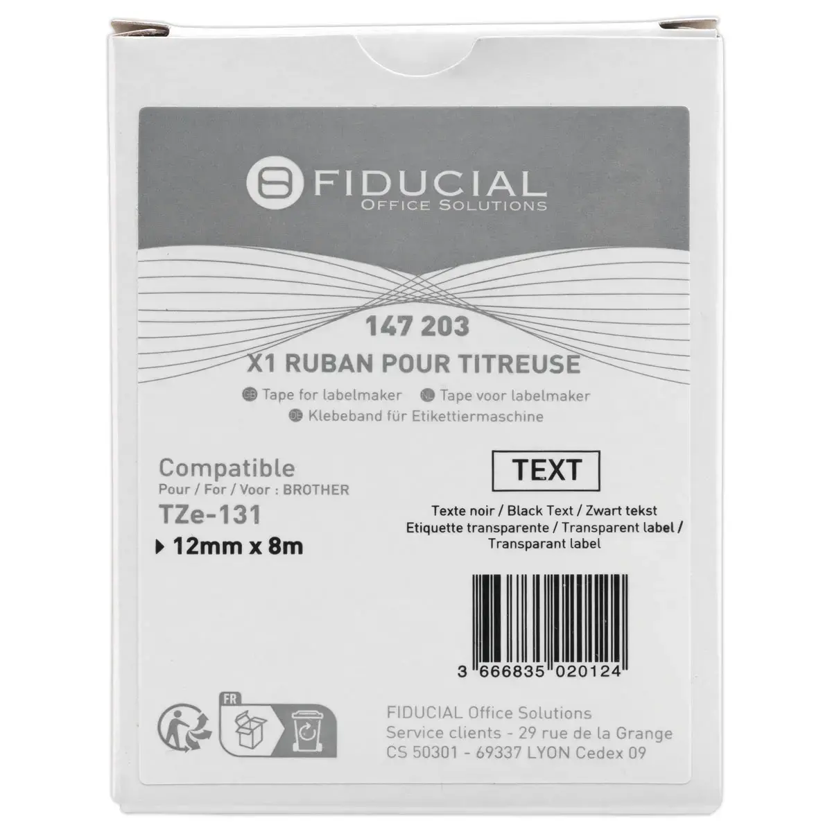 Ruban comp BROTHER TZE 131 12mm transparant met zwarte afdruk
