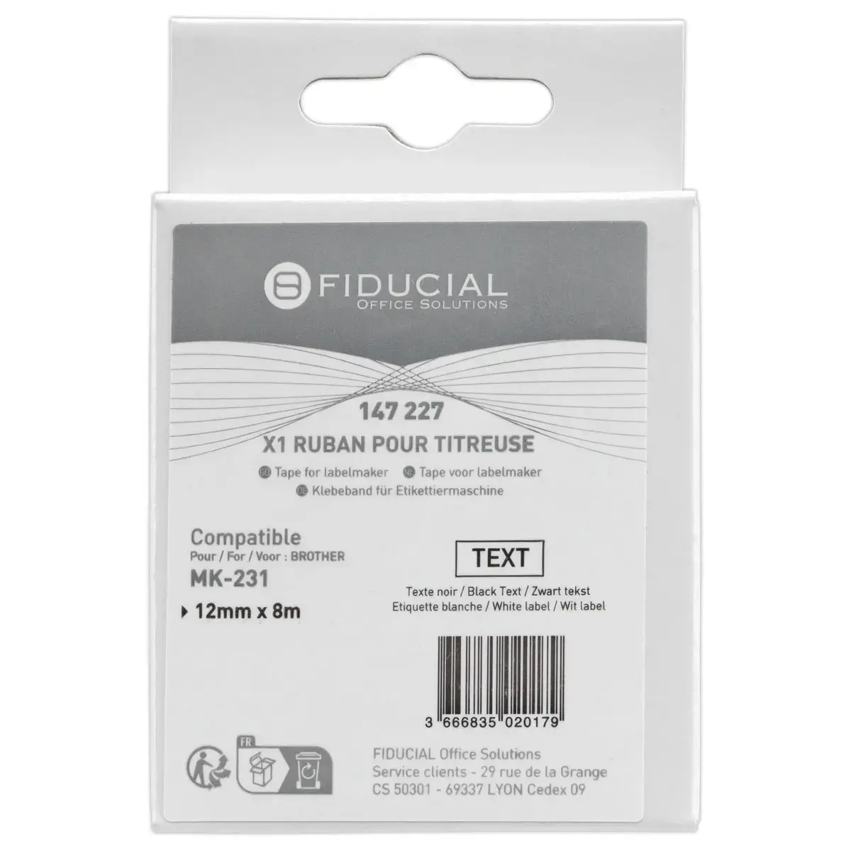 Ruban comp BROTHER M-K231B 12mm wit met zwarte print