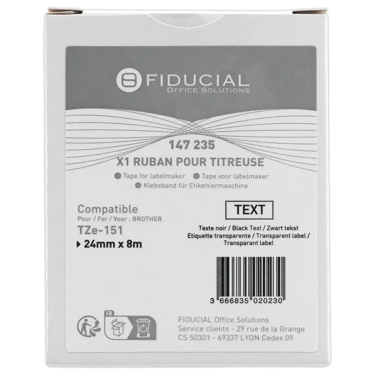 Ruban comp BROTHER TZE 151 24mm transparant met zwarte opdruk 