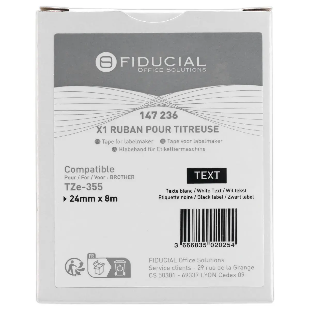 Ruban comp BROTHER TZE 355 24mm - wit/zwart