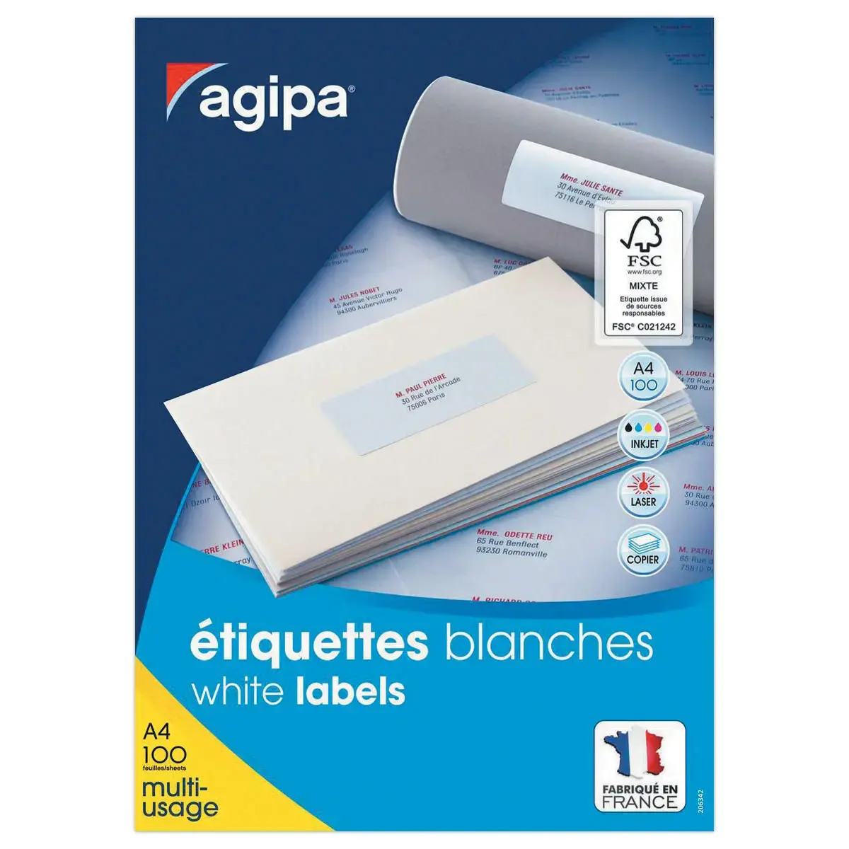 100 A4 multi-function etikettenbladen 210x99mm, oftewel 300 witte etiketten