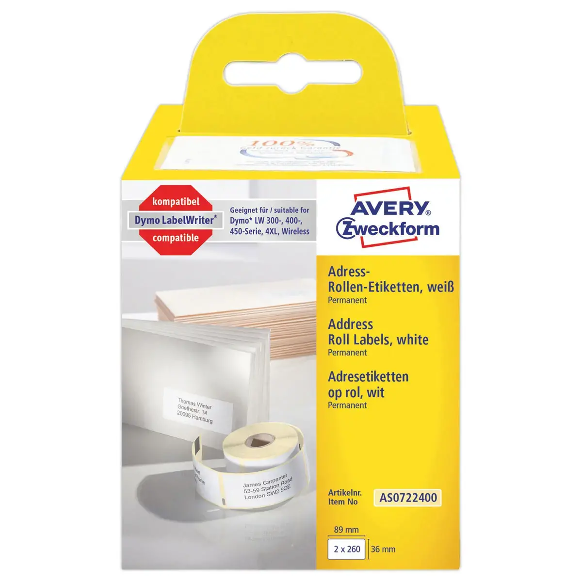 2 Rolletjes van 260 witte labels 36x89 mm voor DYMO LW 450
