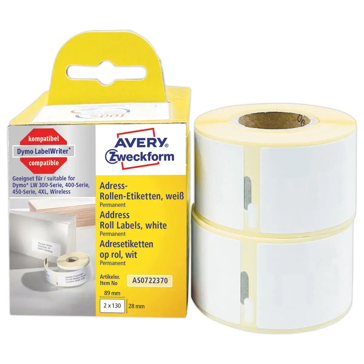 2 Rollen van 130 witte etiketten 28x89mm voor DYMO LW 450