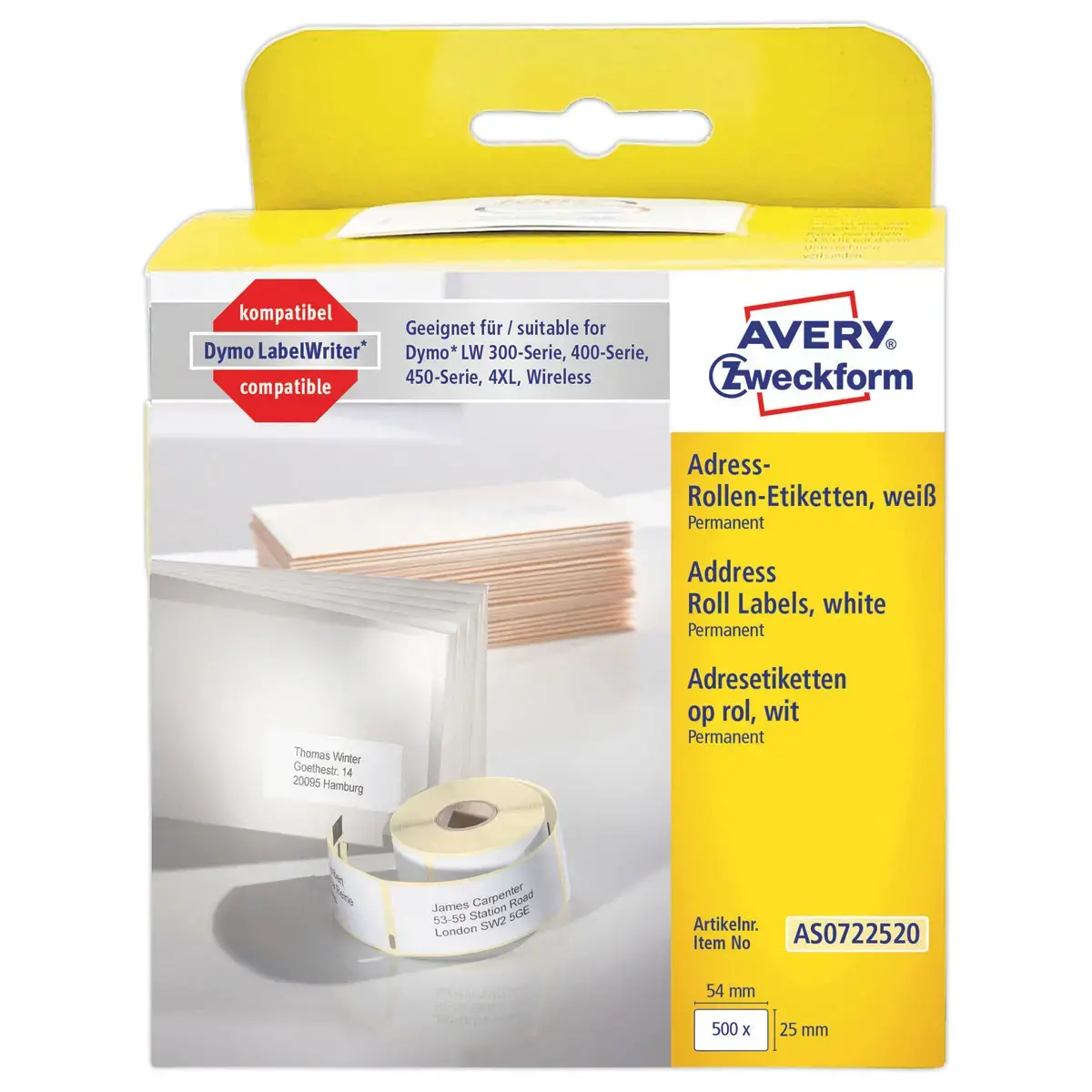 Rol van 500 witte etiketten 54x25 mm voor DYMO LW 450