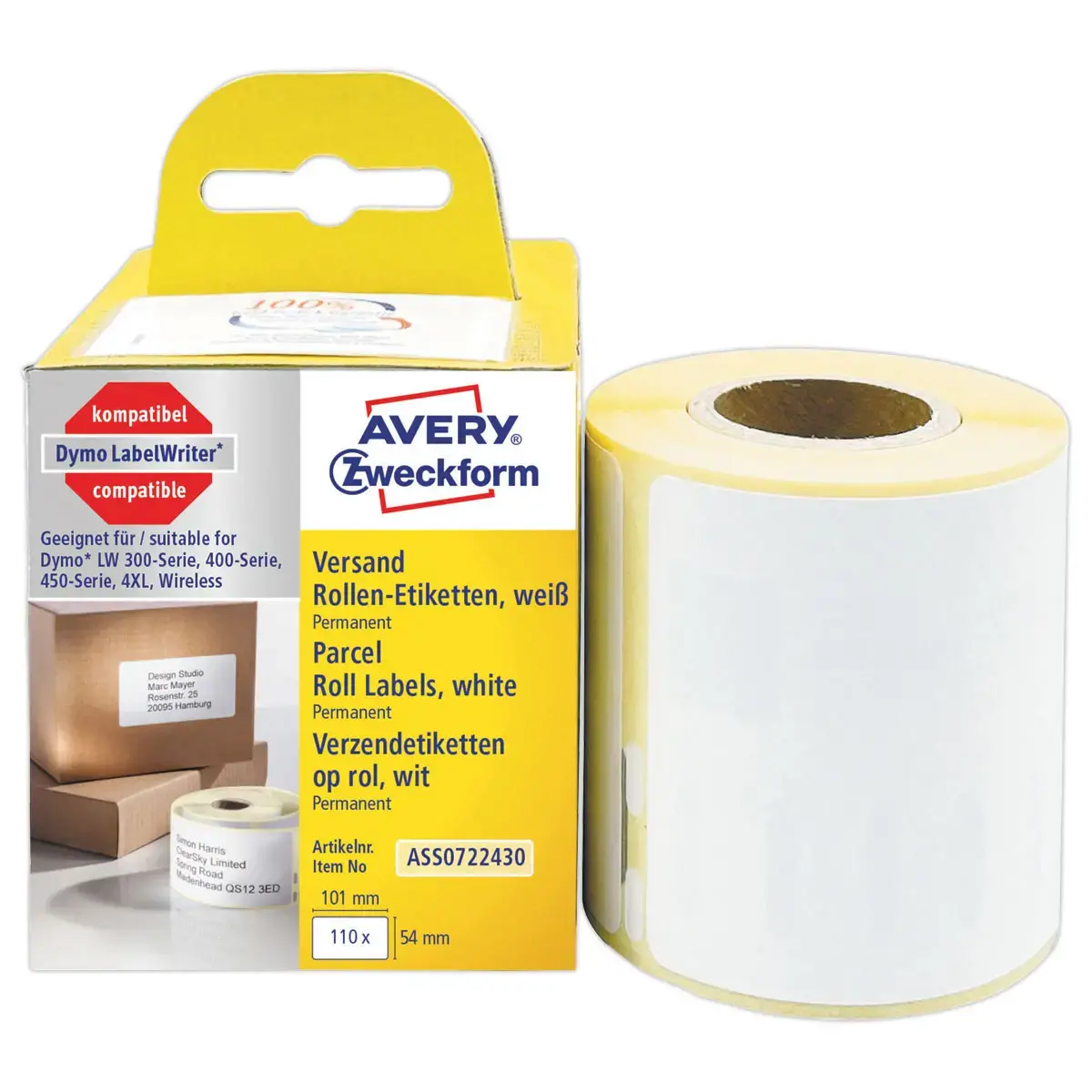 Rol van 100 witte labels 101x54 mm voor DYMO LW 450 