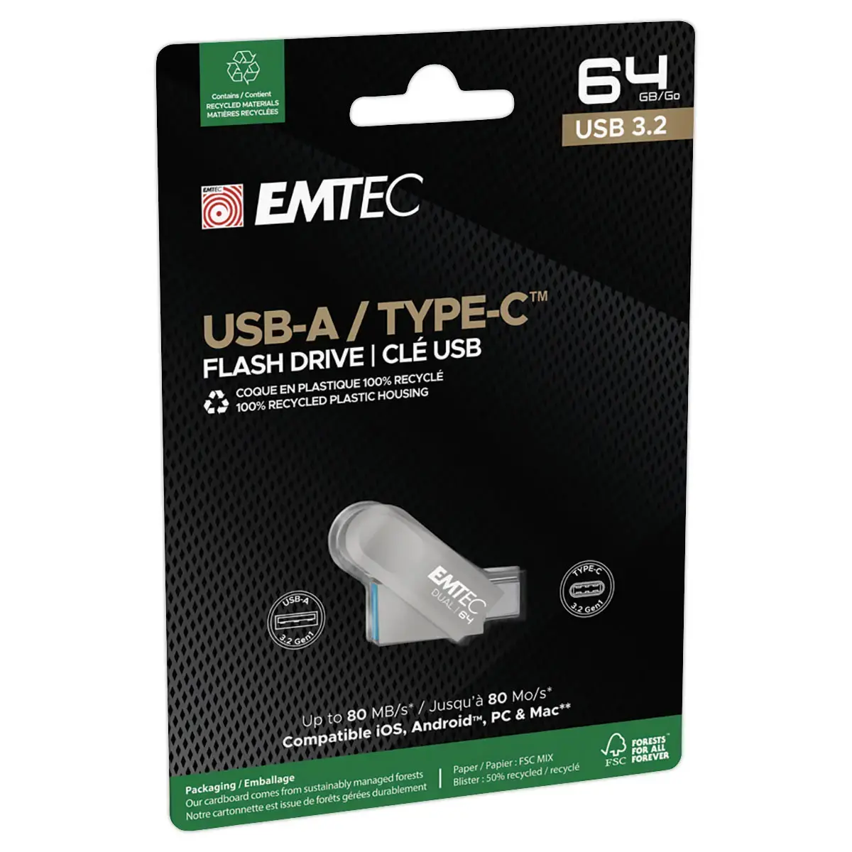 USB-stick met dubbele aansluiting 2.0 USB-A/USB-C 64GB 