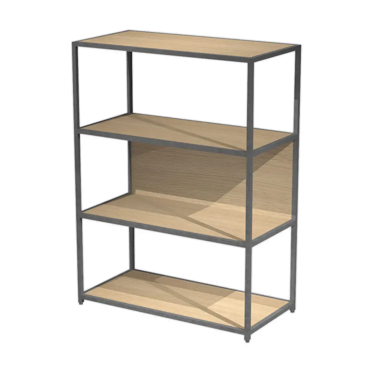 Bureau met een lage anthracietkleurige draadbibliotheek in eik, gemonteerd