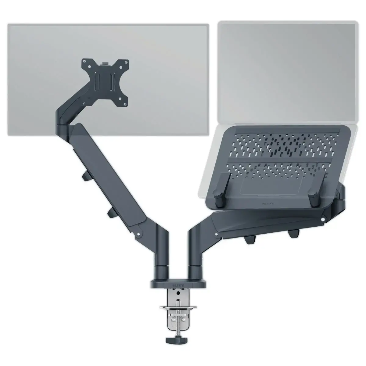 Ruimtebesparende dubbele arm vr schermen/monitoren/PC's Leitz - Grijs
