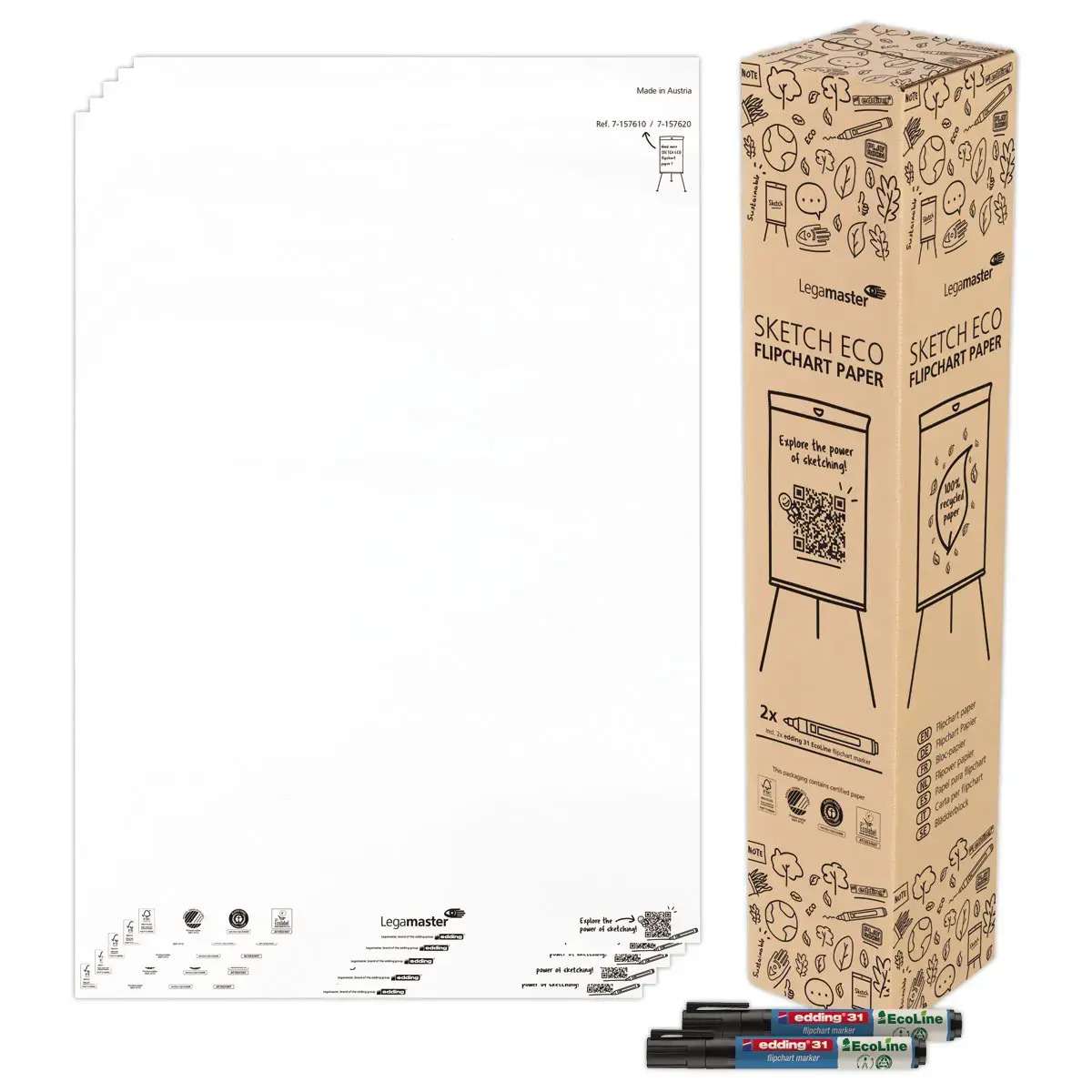 2 witte papierblokken van 50 vellen 98 x 65 cm