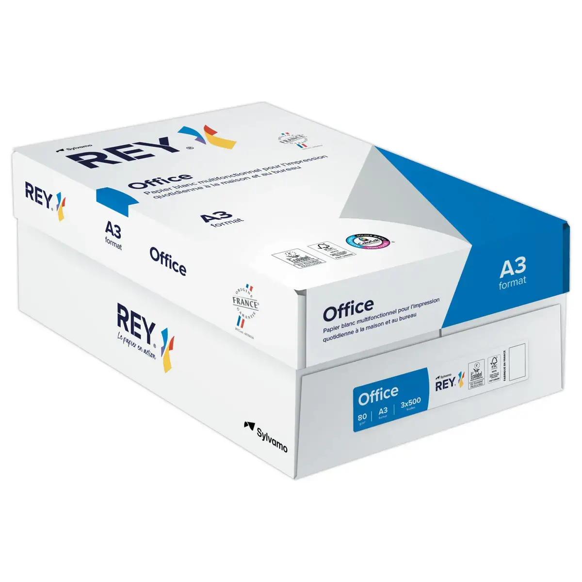 3 ramettes 500 vellen papier A3 80g zeer wit REY Office