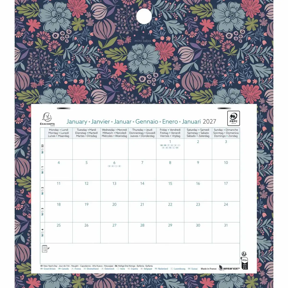 Maandkalender op plaat 27,5 cm x 30,5 cm EASYCAL - Mini labo 