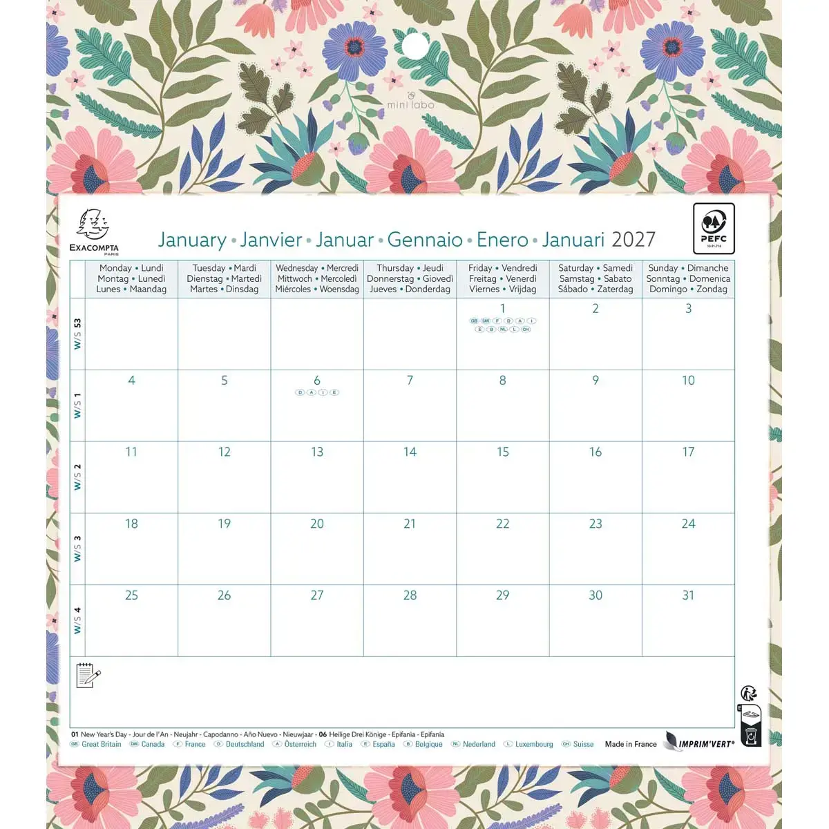 Maandkalender op plaat 27,5 cm x 30,5 cm EASYCAL - Mini labo 