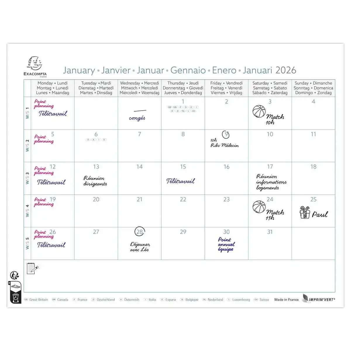 Maandkalender op plaat 27,5 cm x 30,5 cm EASYCAL - Mini labo 