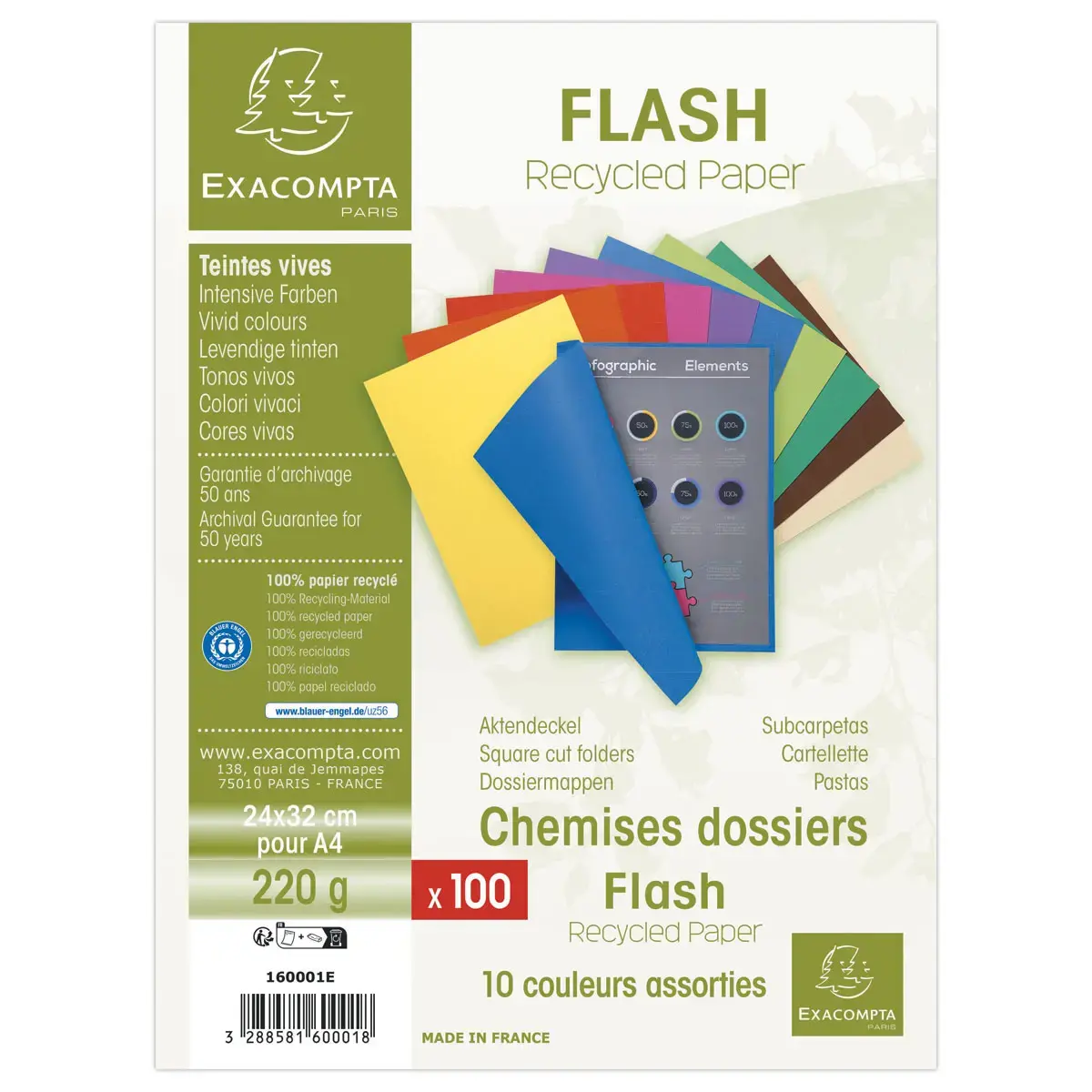 100 Mappen EXACOMPTA Flash - 220g - 24x 32cm - Ass.Kleuren