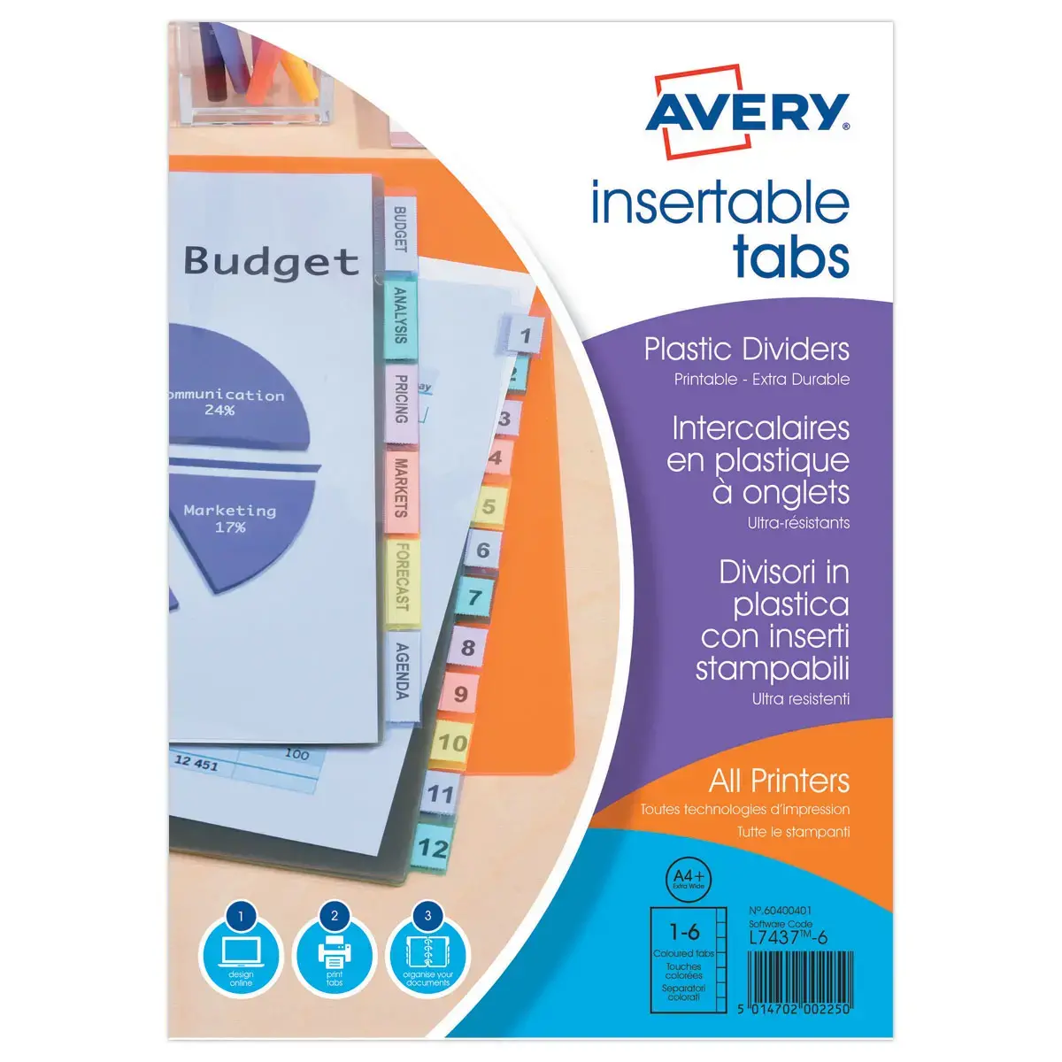 Tabbladen AVERY- A4 Maxi- 6 tabs - formaat hoesjes