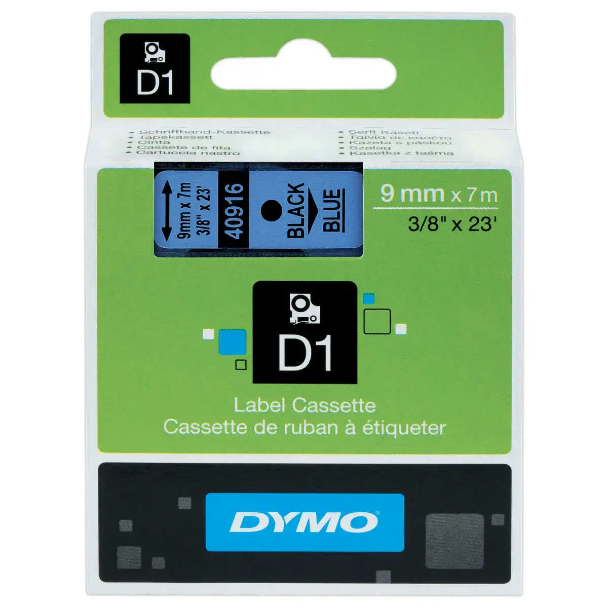 Tape DYMO D1 40916 - 9mm - Afdruk Zwart/Achtergrond Blauw