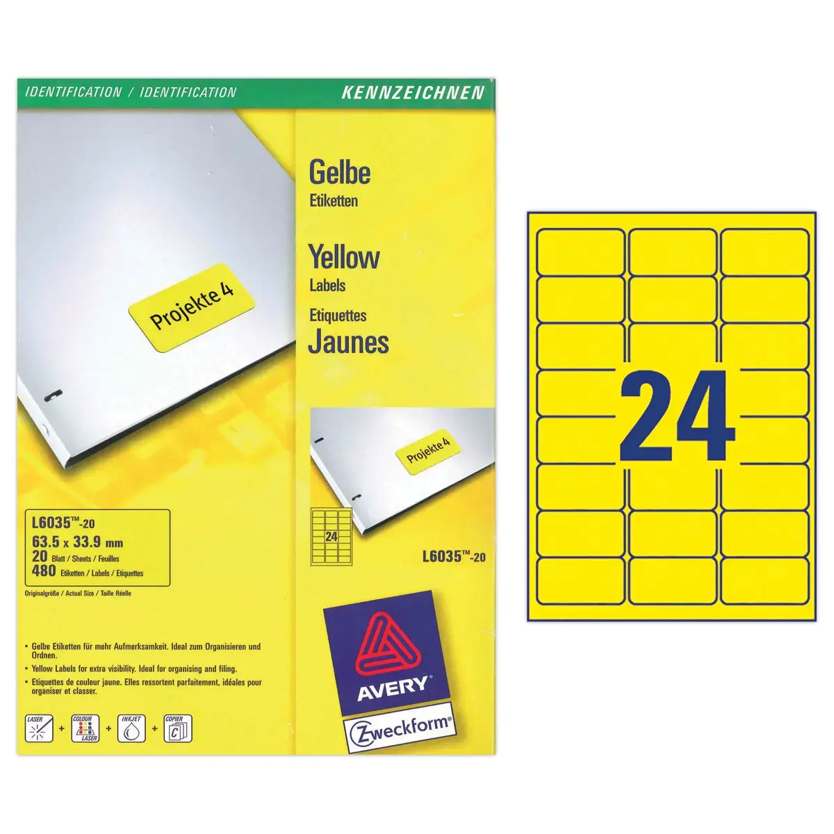 20 Vellen van 24 gele etiketten - 63,5x33,9mm - AVERY
